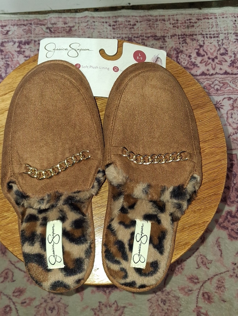 Jessica Simpson Brown Faux-Suede Mules with Leopard Plush Lining and Gold Chain